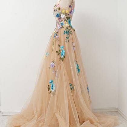 Champagne A-line Sleeveless Tulle Prom Gown With..