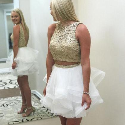 Gold Lace Top Sleeveless Homecoming Dresses,two..