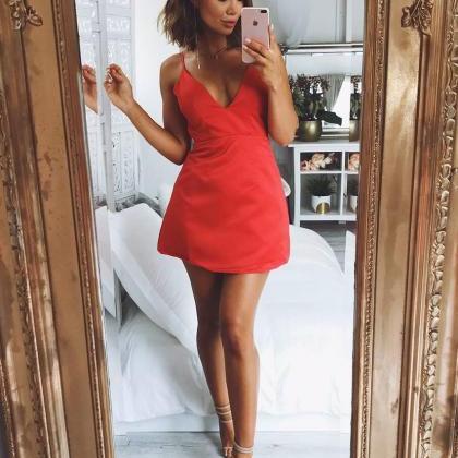 Mini Red Satin Homecoming Gowns,sexy V Neck Mini..