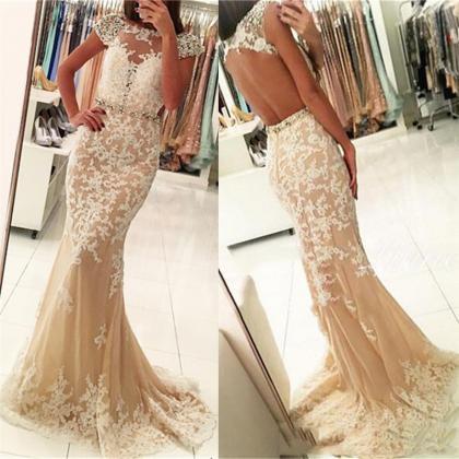 Appliqued Crystals Prom Gown,beading Short Sleeve..