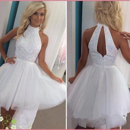 White Beading Homecoming Dress Sexy Halter Tulle..