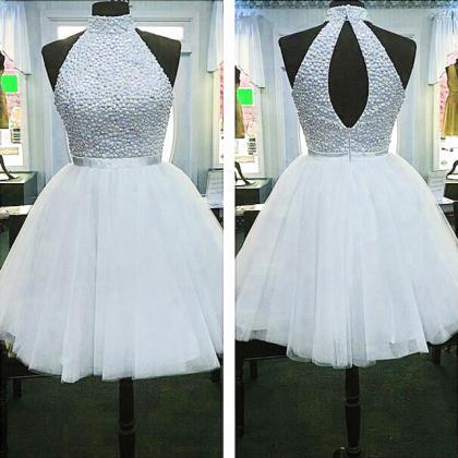 White Beading Homecoming Dress Sexy Halter Tulle..