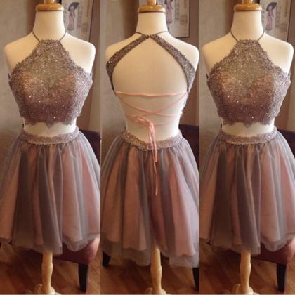 Two-piece Halter Backless Homecoming Dresses,short..
