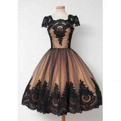 Black Lace Applique Homecoming Gown,cap Sleeves..
