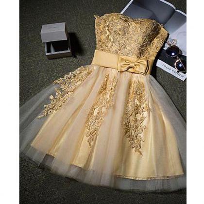 Strapless Homecoming Dress Gold Appliques..