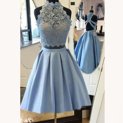 Sky Blue Halter Two Piece Homecoming Dresses,two..