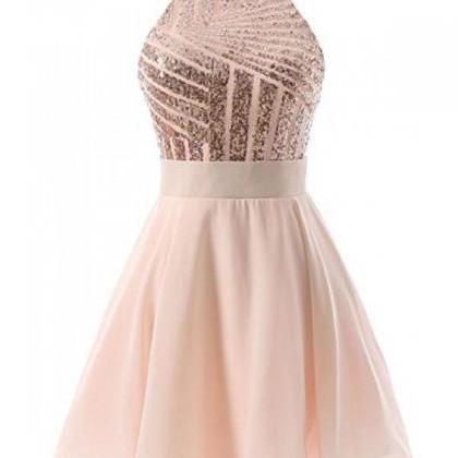 Halter Sparkly Sequin Backless Chiffon Homecoming..