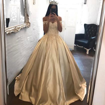 Gold Ball Gowns Off The Shoulder Appliqued Satin..