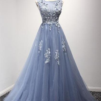 A-line Sleeveless Scoop Tulle Long Prom Dresses..