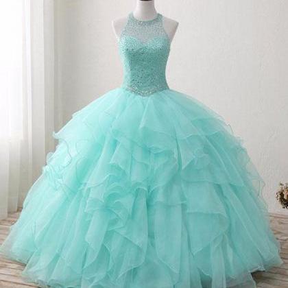 Mint Floor-length Jewel Sleeveless Ball Gown..