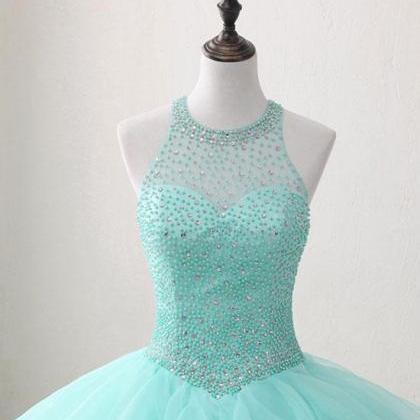 Mint Floor-length Jewel Sleeveless Ball Gown..
