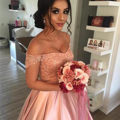 Elegant Lace Off Shoulder Pink Satin Prom Dress..