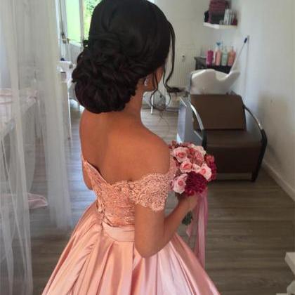 Elegant Lace Off Shoulder Pink Satin Prom Dress..