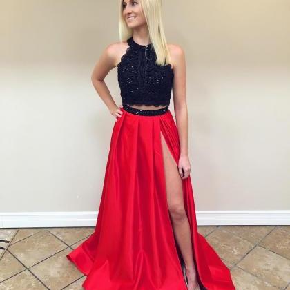 Gorgeous Two Piece Jewel Red And Black Long Prom..