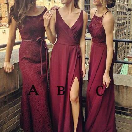 Burgundy Column Floor-length Lace Prom Dress With..