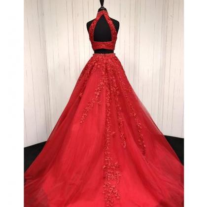 Style Two Piece High Neck Open Back Red Prom..