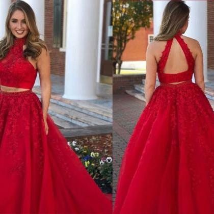Style Two Piece High Neck Open Back Red Prom..