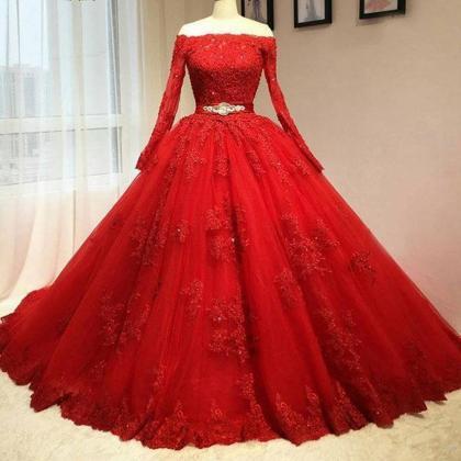 Ball Gown Red Long Sleeves Off The Shoulder Lace..