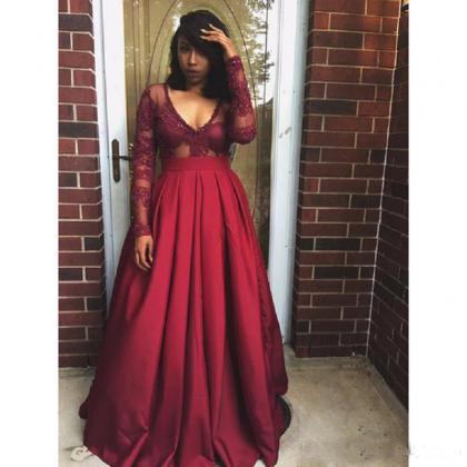 Red Long Sleeve Satin Floor Length Evening Dress,Sexy Prom Gown,Long Formal Gown,P1 on Luulla