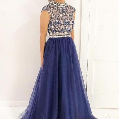 Stylish A Line High Neck Prom Dresses,cap Sleeves..