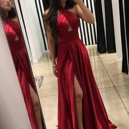 A-line Cross Neck Floor-length Dark Red Prom Dress..