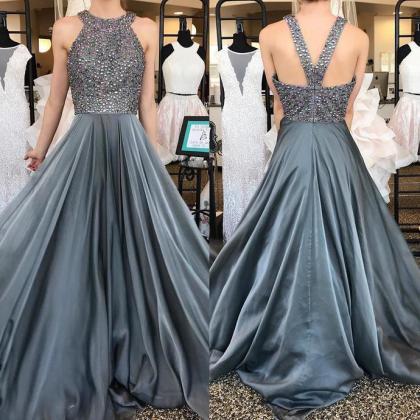 Gray Beading Chiffon Prom Dress,a-line Jewel..