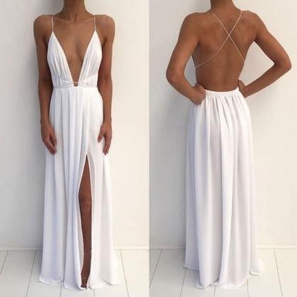 White Deep V-neck Chiffon Backless Prom Dress With..