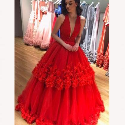 Charming Deep V Neckline Layered Tulle Red Prom..
