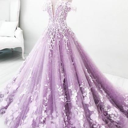 Ball Gown Off-the-shoulder Lilac Tulle Appliques..