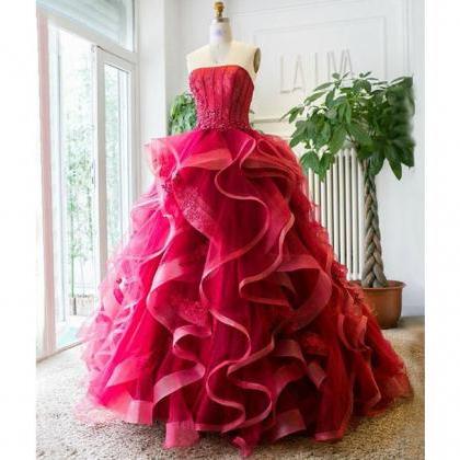 Unique Ruffled Tulle Appliques Prom Dress,burgundy..