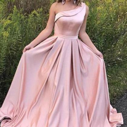 Pink A-line Prom Dresses,one Shoulder Prom..