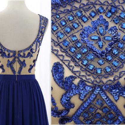 Royal Blue A-line Prom Dress,beading Long Prom..