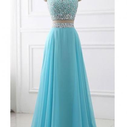 Blue Two Piece Chiffon Beaded Sparkle Long Prom..
