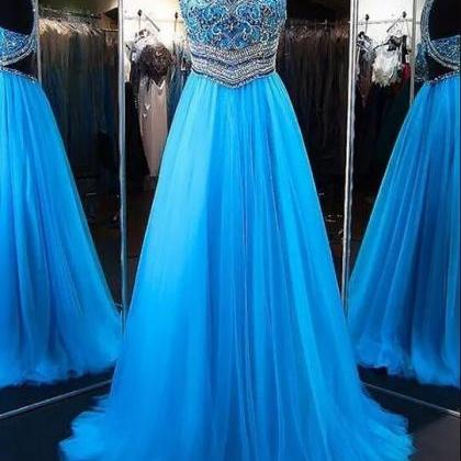 A-line Blue Tulle Prom Gown,princess Jewel..