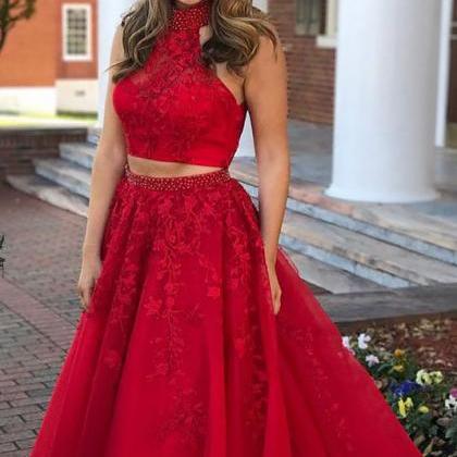 A-line Red Long Tulle Prom Dress With..