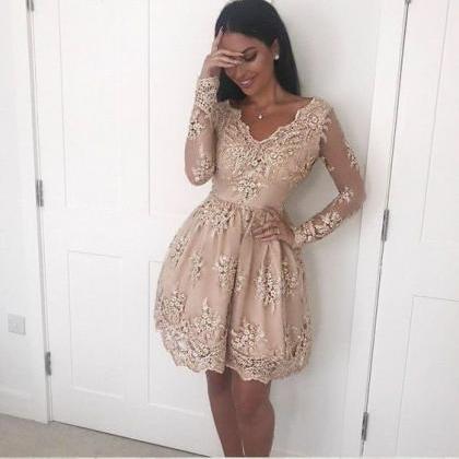 Short V Neck Long Sleeve Homecoming Dress With..
