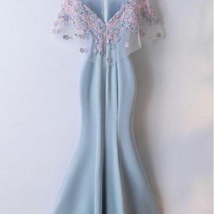 Pretty Light Blue Mermaid Long Prom Dress With..