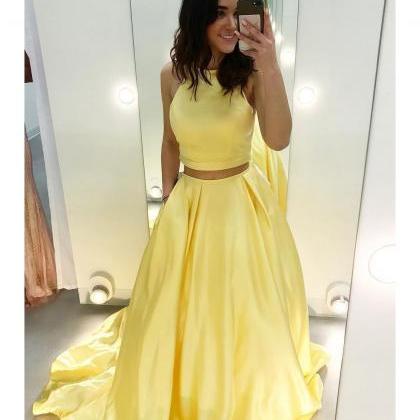 Two Piece Yellow Satin Formal Dress, Long Simple..