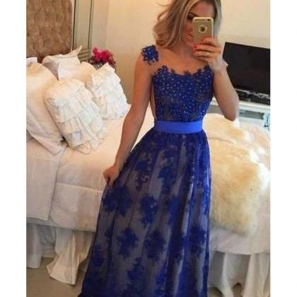 Long Sleeveless Prom Dress,royal Blue Lace Evening..