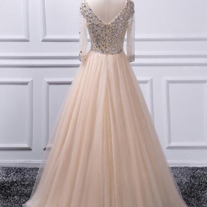 A Line Champagne Prom Dress With Sleeves,long V..