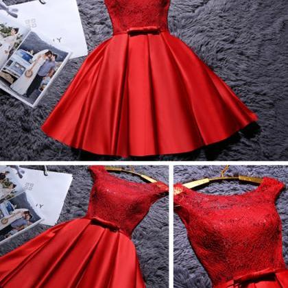 Red Short Satin Homecoming Dress, Cute A Line Mini..