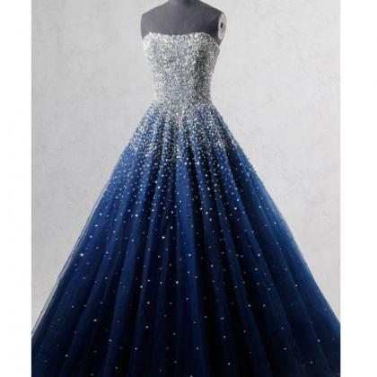 Sparkly Blue Strapless Tulle Prom Dress With..