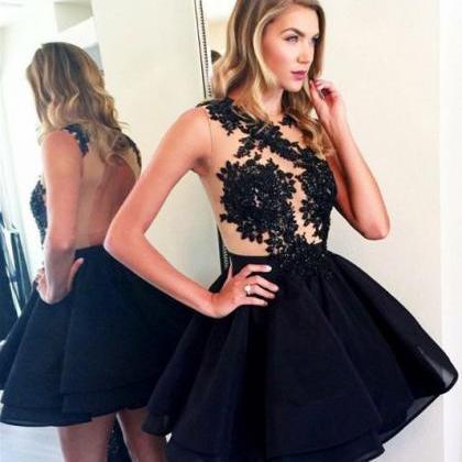 A Line Black Round Neck Homecoming Dress With..