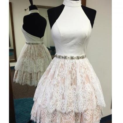 A Line High Neck Champagne Homecoming Dress With..