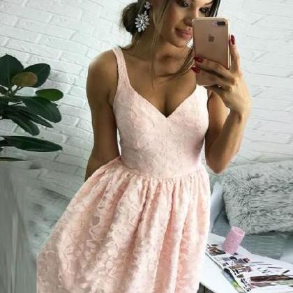 Pink V Neck Short Lace Homecoming Dress, A Line..