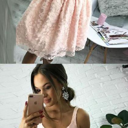 Pink V Neck Short Lace Homecoming Dress, A Line..