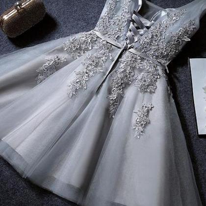 Silver Gray V Neck Cute Homecoming Dress With..