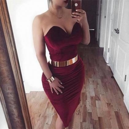 Burgundy Sexy Sheath Knee Length Party Dress With..