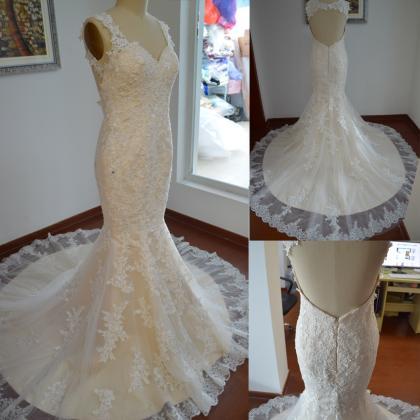 Champagne Sweetheart Wedding Dress With Ivory Lace..