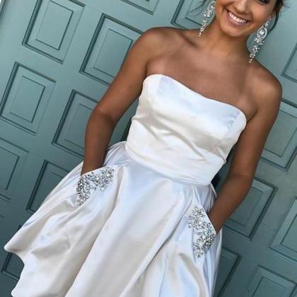 A Line Strapless Satin Short Prom Dress With..